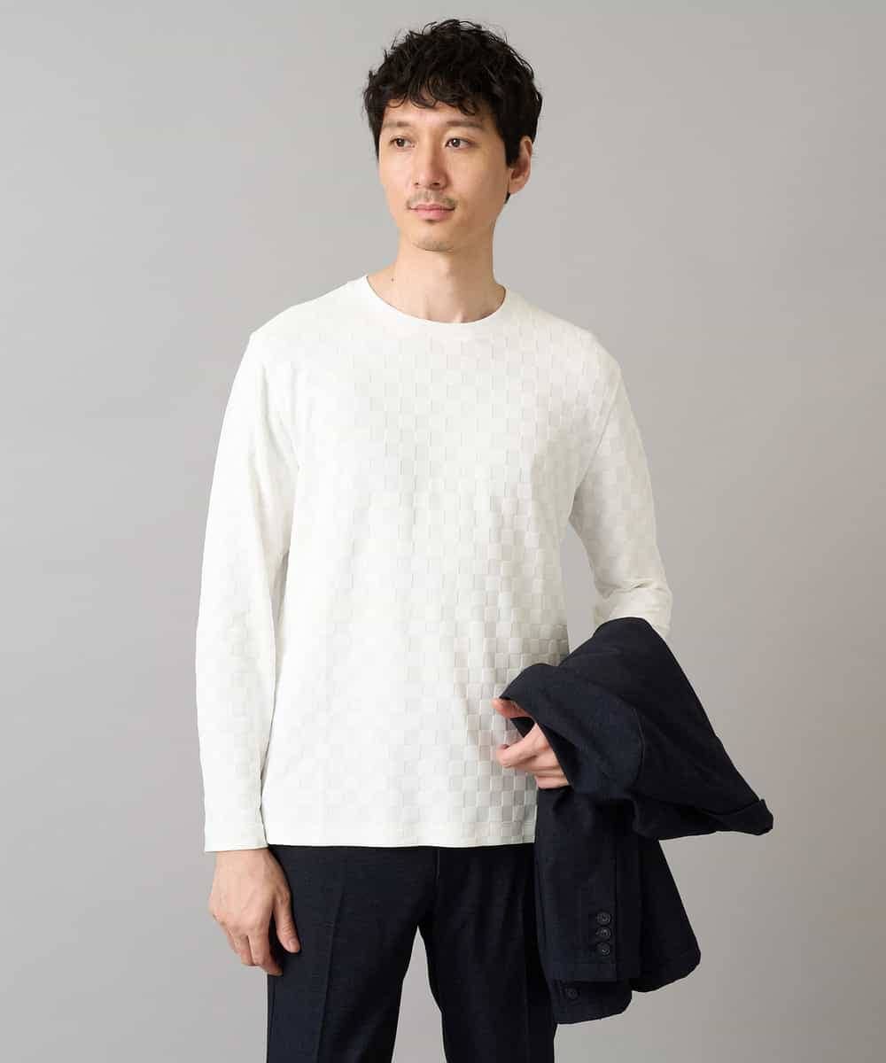 KHKJA75044 a.v.v MEN(アー・ヴェ・ヴェ) 【イージーケア/毛玉になりにくい】ブロックリンクスジャカードクルーネックスマートＴシャツ【洗濯機で洗える】〈SMART SERIES a.v.v〉 ブラック