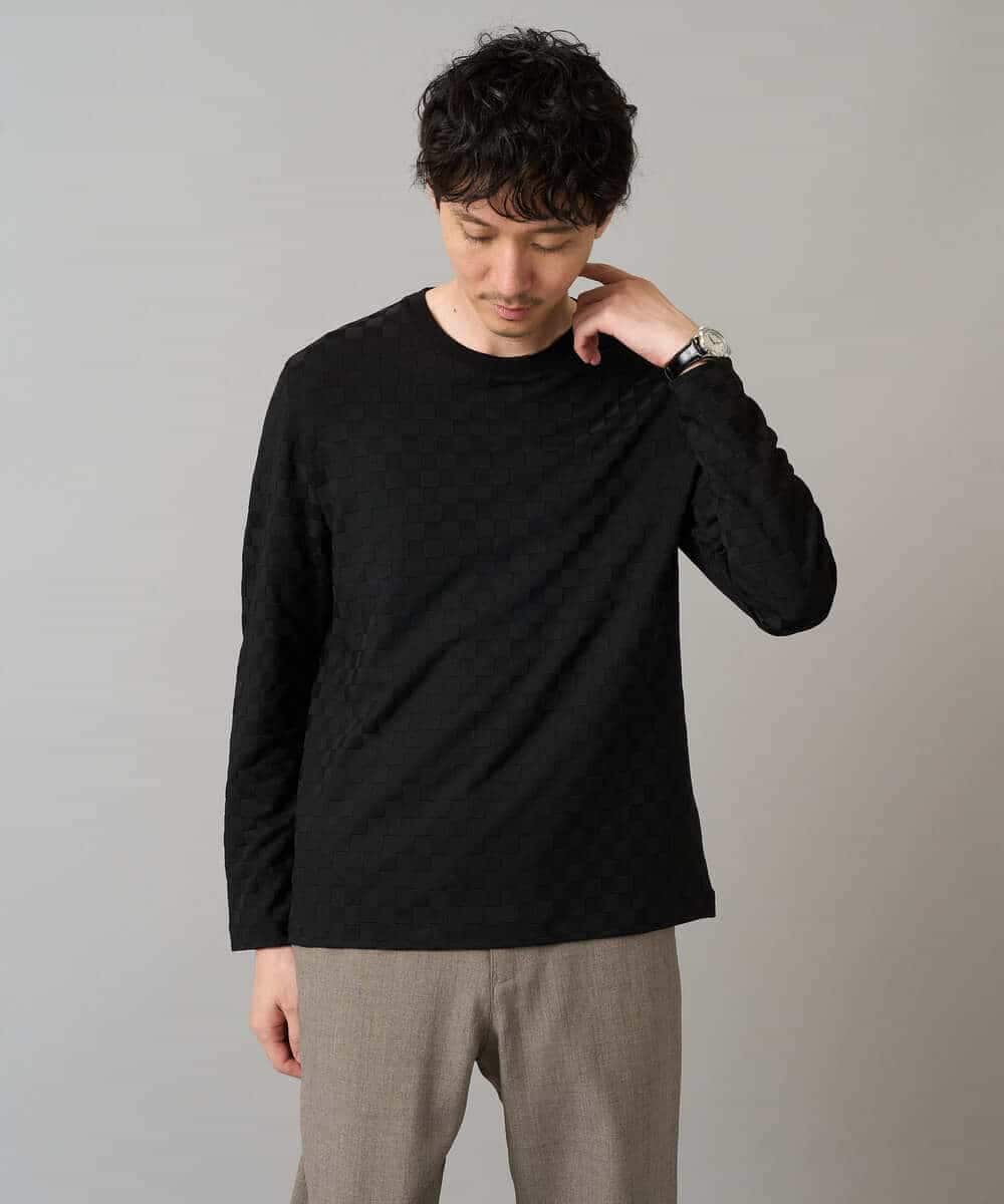 KHKJA75044 a.v.v MEN(アー・ヴェ・ヴェ) 【イージーケア/毛玉になりにくい】ブロックリンクスジャカードクルーネックスマートＴシャツ【洗濯機で洗える】〈SMART SERIES a.v.v〉 ブラック