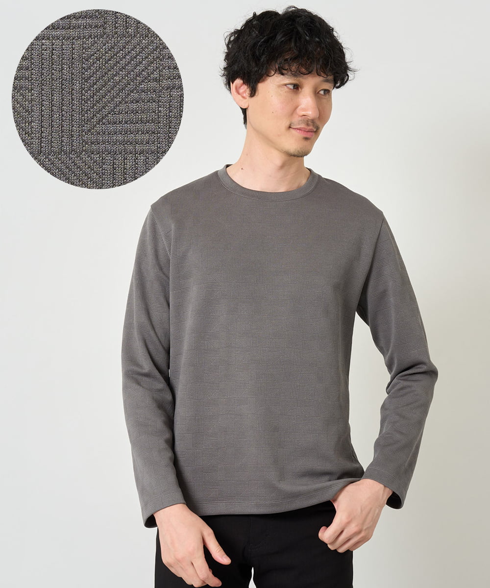 KHKJD71044 a.v.v MEN(アー・ヴェ・ヴェ) 【スマート/イージーケア/洗濯機で洗える】キカジャカードクルーネックスマートTシャツ ダークグレー