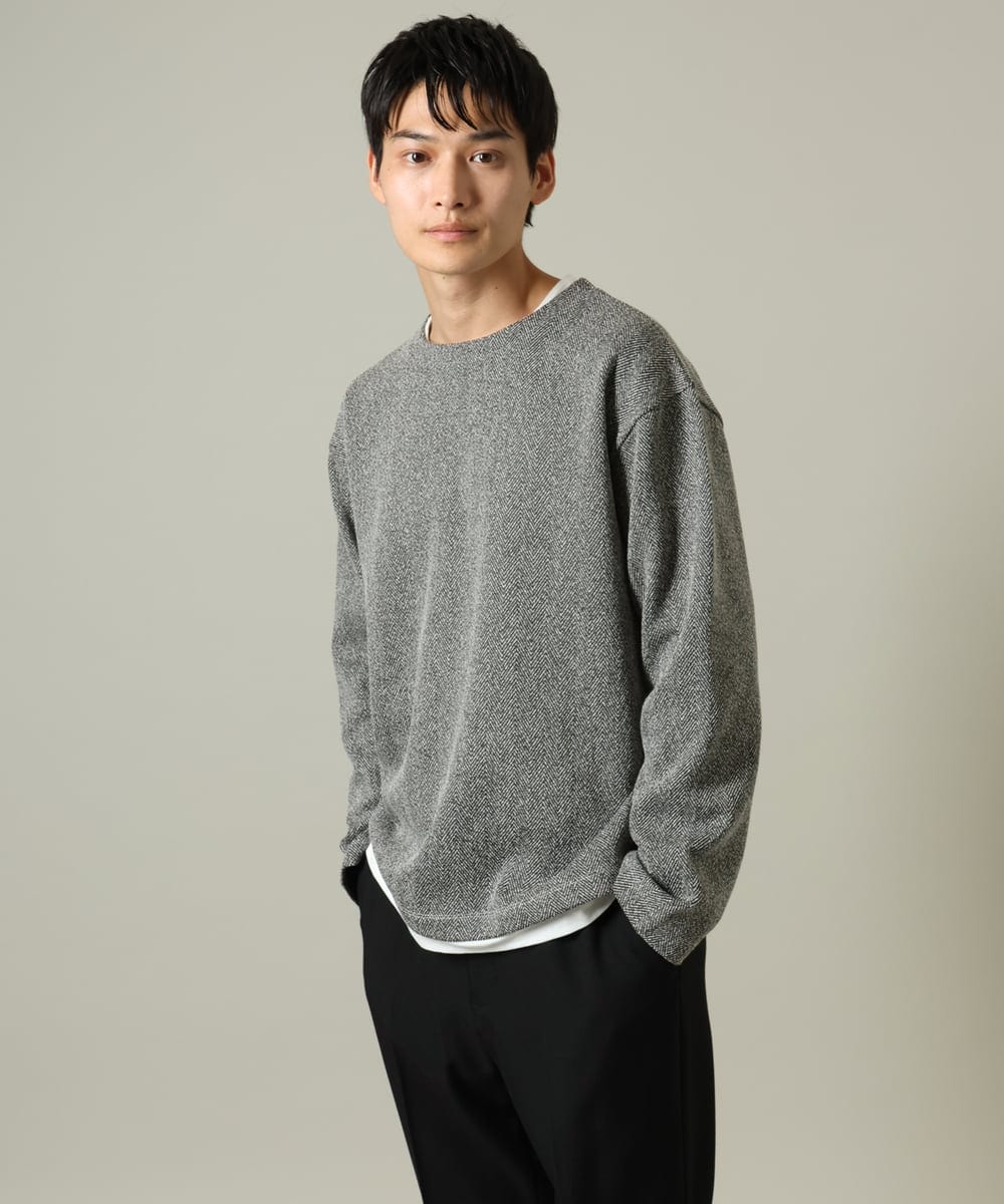 KHKJV04044 a.v.v MEN(アー・ヴェ・ヴェ) 【きれいめ秋TOPS】ヘリンボーンフェイクレイヤードセミワイドカットソー ダークグレー