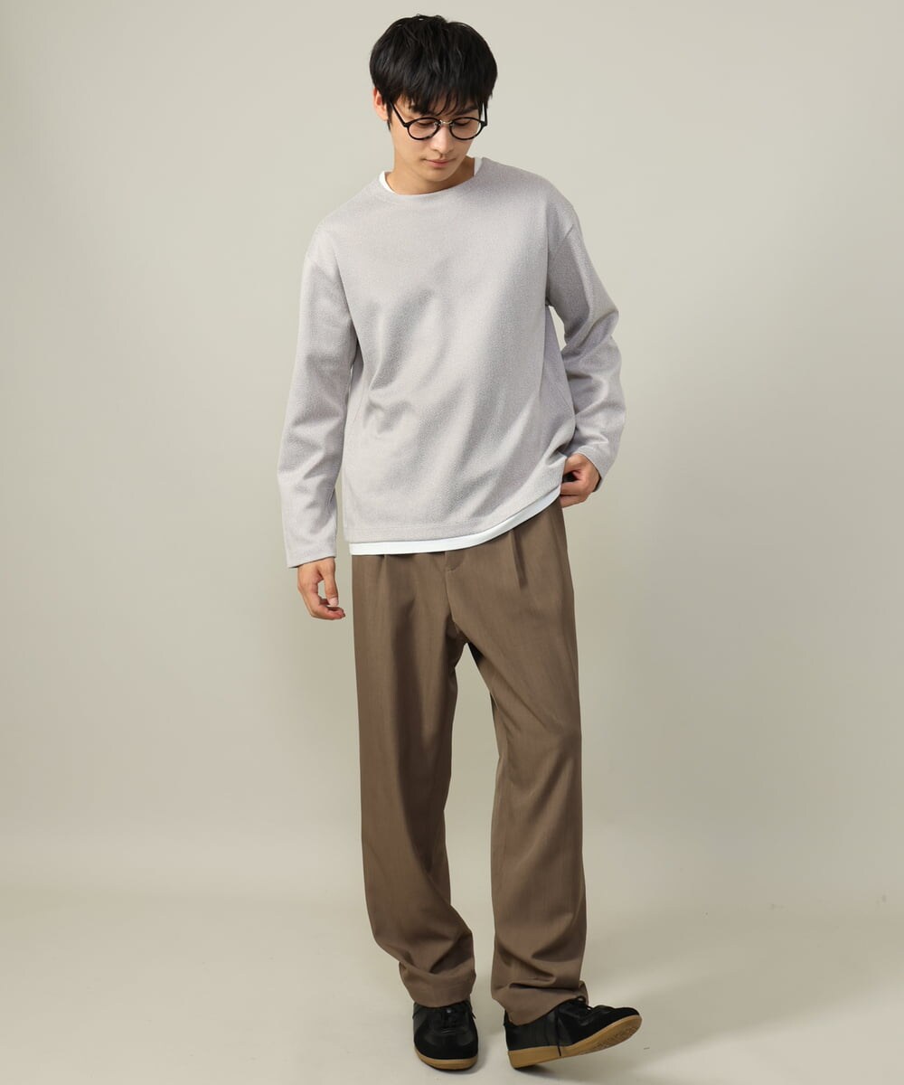 KHKJV04044 a.v.v MEN(アー・ヴェ・ヴェ) 【きれいめ秋TOPS】ヘリンボーンフェイクレイヤードセミワイドカットソー ダークグレー
