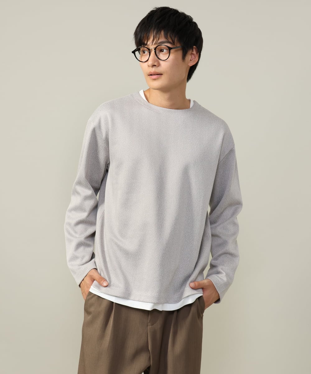KHKJV04044 a.v.v MEN(アー・ヴェ・ヴェ) 【きれいめ秋TOPS】ヘリンボーンフェイクレイヤードセミワイドカットソー ダークグレー