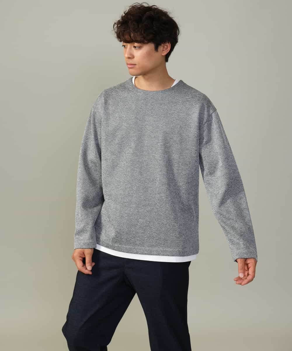 KHKJV04044 a.v.v MEN(アー・ヴェ・ヴェ) 【きれいめ秋TOPS】ヘリンボーンフェイクレイヤードセミワイドカットソー ダークグレー