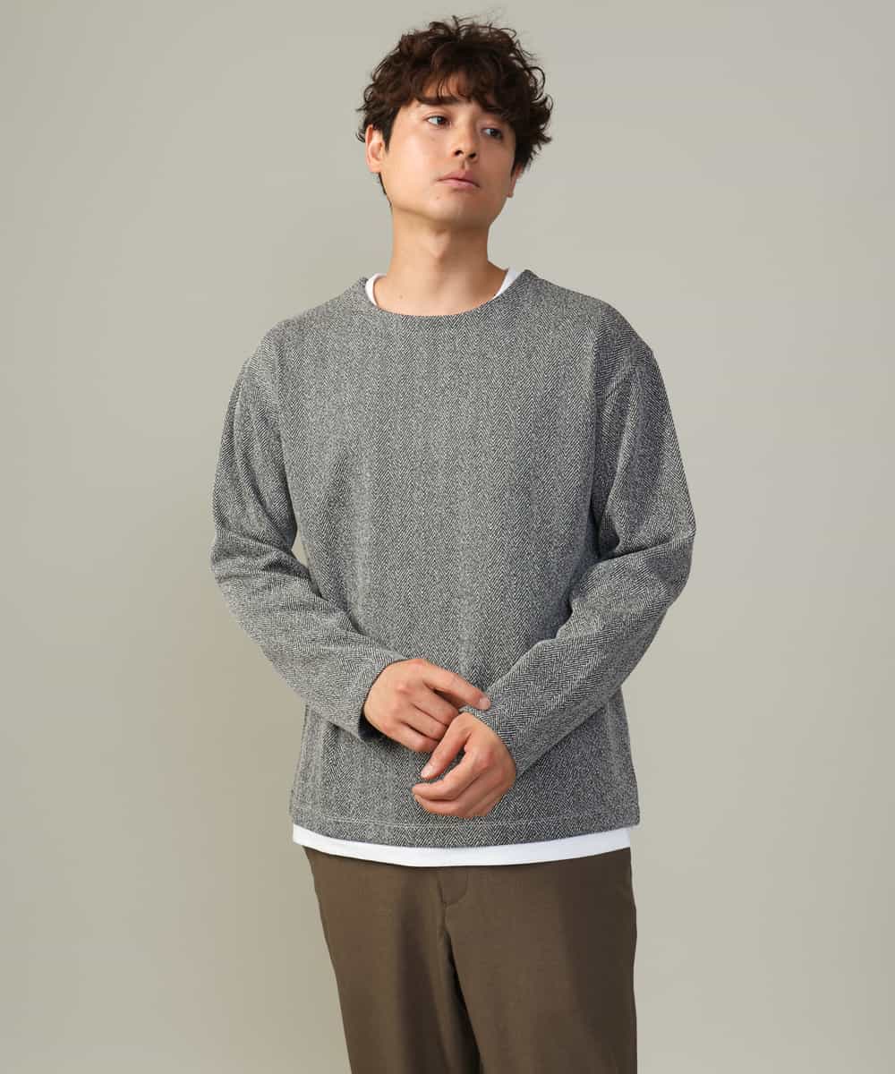 KHKJV04044 a.v.v MEN(アー・ヴェ・ヴェ) 【きれいめ秋TOPS】ヘリンボーンフェイクレイヤードセミワイドカットソー ダークグレー