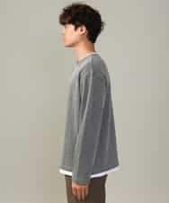 KHKJV04044 a.v.v MEN(アー・ヴェ・ヴェ) 【きれいめ秋TOPS】ヘリンボーンフェイクレイヤードセミワイドカットソー ダークグレー