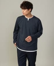 KHKJV05044 a.v.v MEN(アー・ヴェ・ヴェ) 【きれいめで楽チン】キーネックフェイクレイヤードセミワイドカットソー ネイビー
