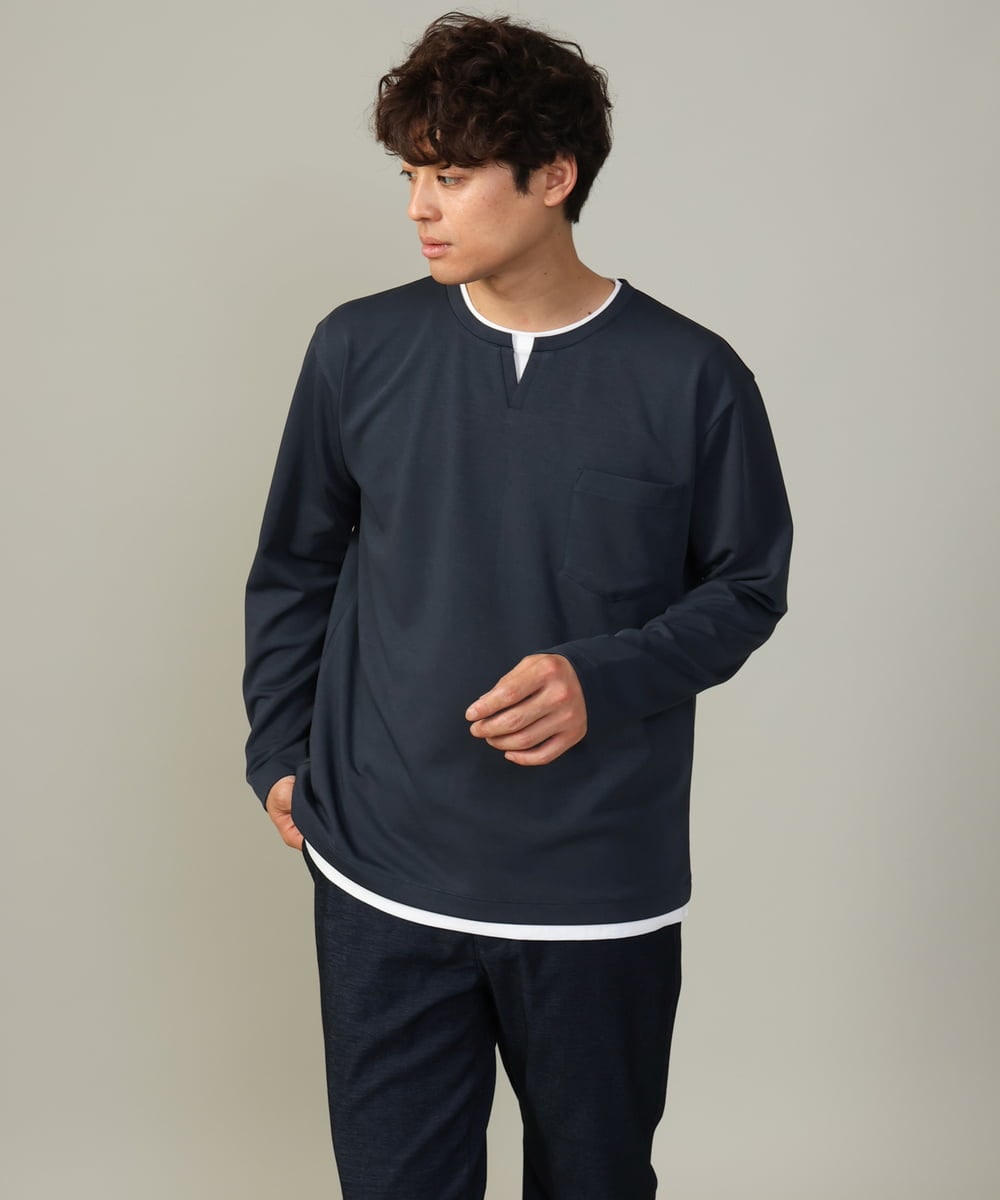 KHKJV05044 a.v.v MEN(アー・ヴェ・ヴェ) 【きれいめで楽チン】キーネックフェイクレイヤードセミワイドカットソー ネイビー