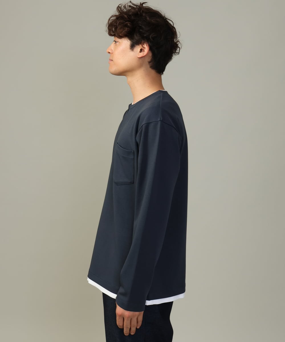 KHKJV05044 a.v.v MEN(アー・ヴェ・ヴェ) 【きれいめで楽チン】キーネックフェイクレイヤードセミワイドカットソー ネイビー