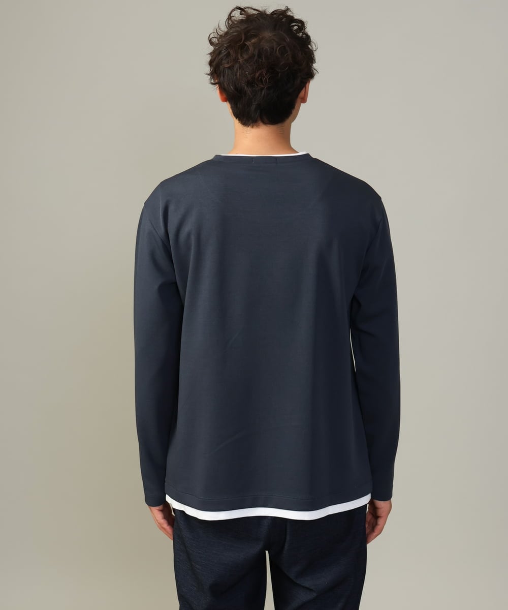 KHKJV05044 a.v.v MEN(アー・ヴェ・ヴェ) 【きれいめで楽チン】キーネックフェイクレイヤードセミワイドカットソー ネイビー