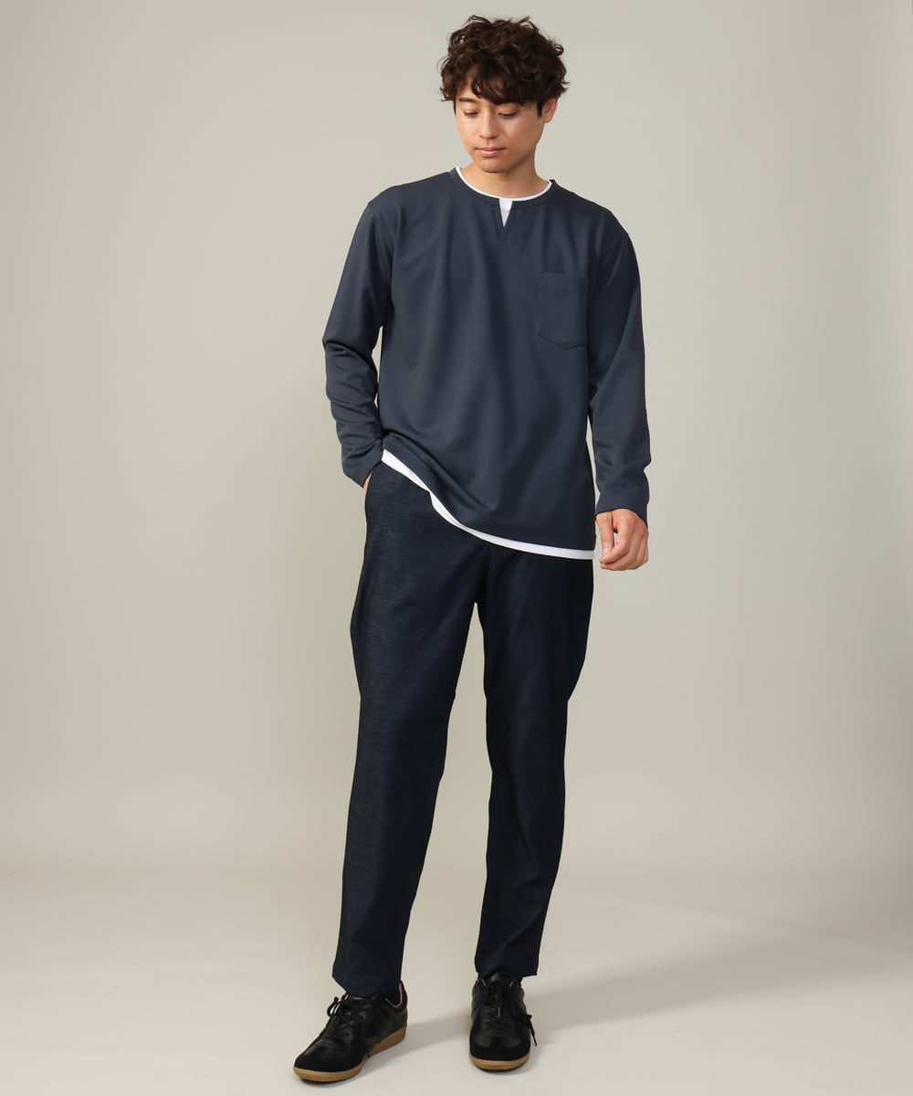 KHKJV05044 a.v.v MEN(アー・ヴェ・ヴェ) 【きれいめで楽チン】キーネックフェイクレイヤードセミワイドカットソー ネイビー
