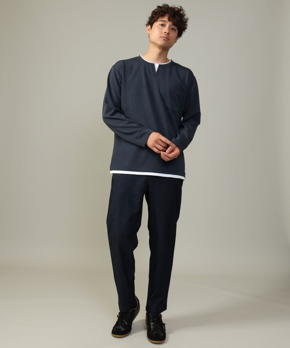 KHKJV05044 a.v.v MEN(アー・ヴェ・ヴェ) 【きれいめで楽チン】キーネックフェイクレイヤードセミワイドカットソー ネイビー