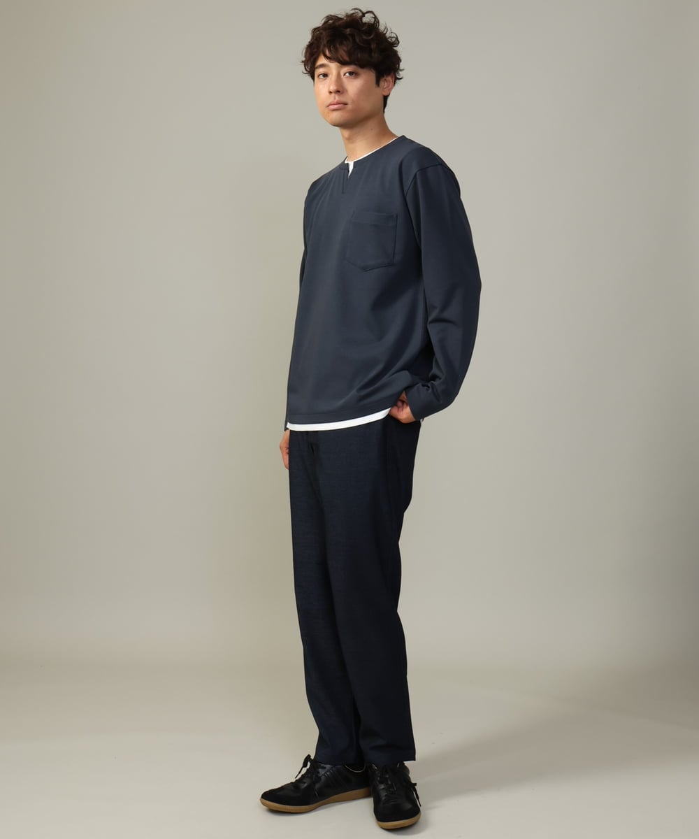 KHKJV05044 a.v.v MEN(アー・ヴェ・ヴェ) 【きれいめで楽チン】キーネックフェイクレイヤードセミワイドカットソー ネイビー