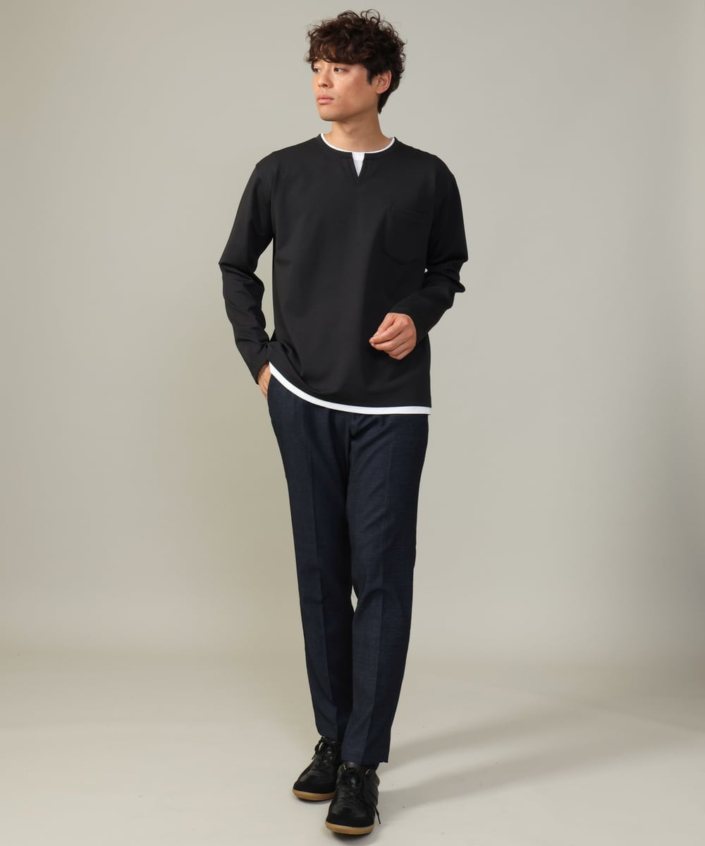 KHKJV05044 a.v.v MEN(アー・ヴェ・ヴェ) 【きれいめで楽チン】キーネックフェイクレイヤードセミワイドカットソー ネイビー