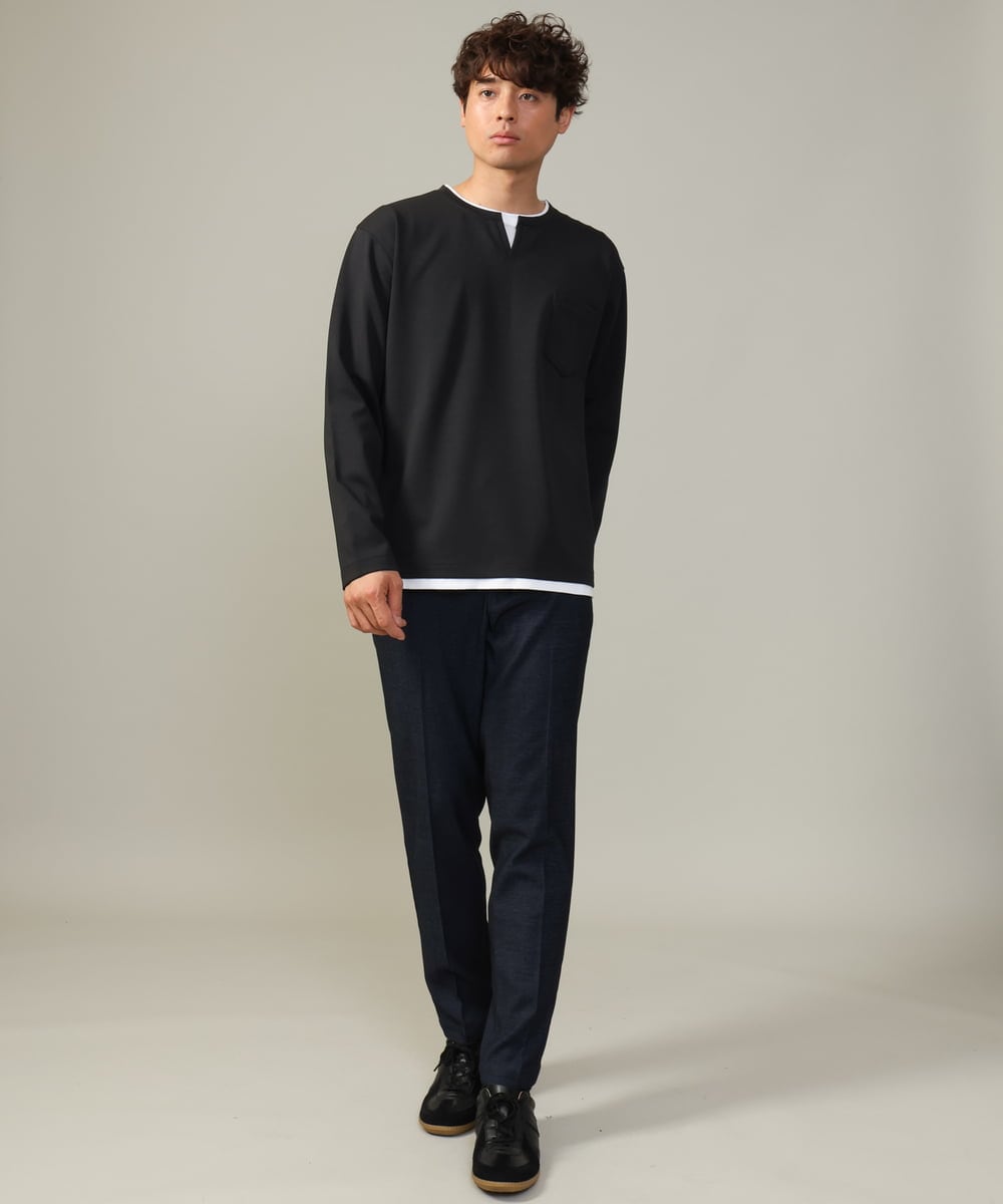 KHKJV05044 a.v.v MEN(アー・ヴェ・ヴェ) 【きれいめで楽チン】キーネックフェイクレイヤードセミワイドカットソー ネイビー