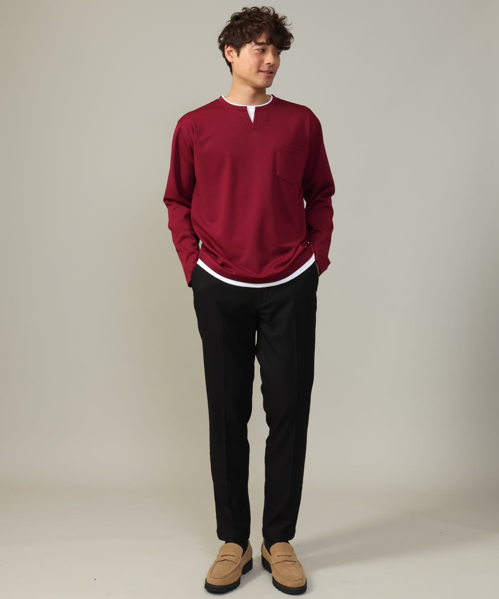 KHKJV05044 a.v.v MEN(アー・ヴェ・ヴェ) 【きれいめで楽チン】キーネックフェイクレイヤードセミワイドカットソー ネイビー