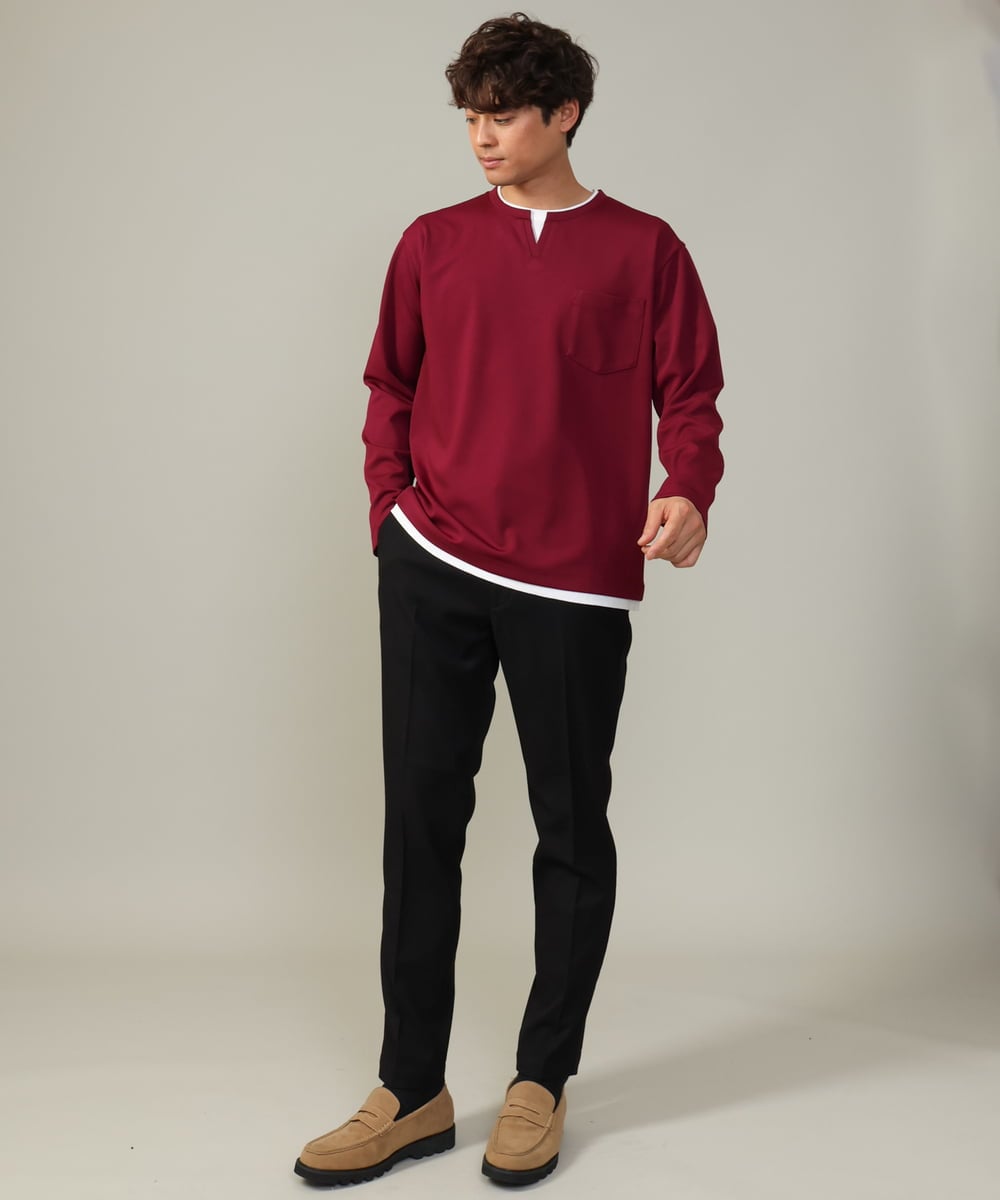 KHKJV05044 a.v.v MEN(アー・ヴェ・ヴェ) 【きれいめで楽チン】キーネックフェイクレイヤードセミワイドカットソー ネイビー