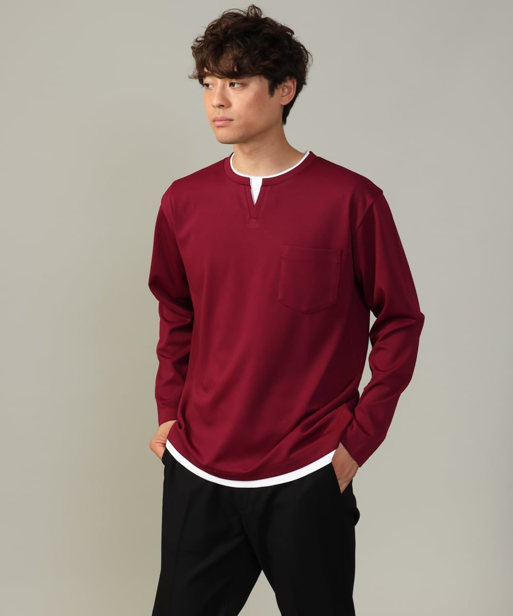 KHKJV05044 a.v.v MEN(アー・ヴェ・ヴェ) 【きれいめで楽チン】キーネックフェイクレイヤードセミワイドカットソー ネイビー
