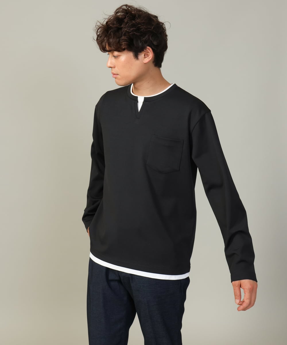 KHKJV05044 a.v.v MEN(アー・ヴェ・ヴェ) 【きれいめで楽チン】キーネックフェイクレイヤードセミワイドカットソー ネイビー