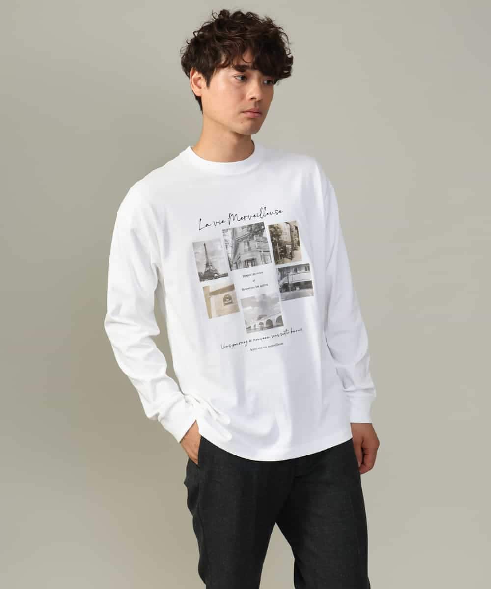 KHKJV11044 a.v.v MEN(アー・ヴェ・ヴェ) 【大人気PARISモチーフ】フォトプリントワイドシルエットロングTシャツ ホワイト
