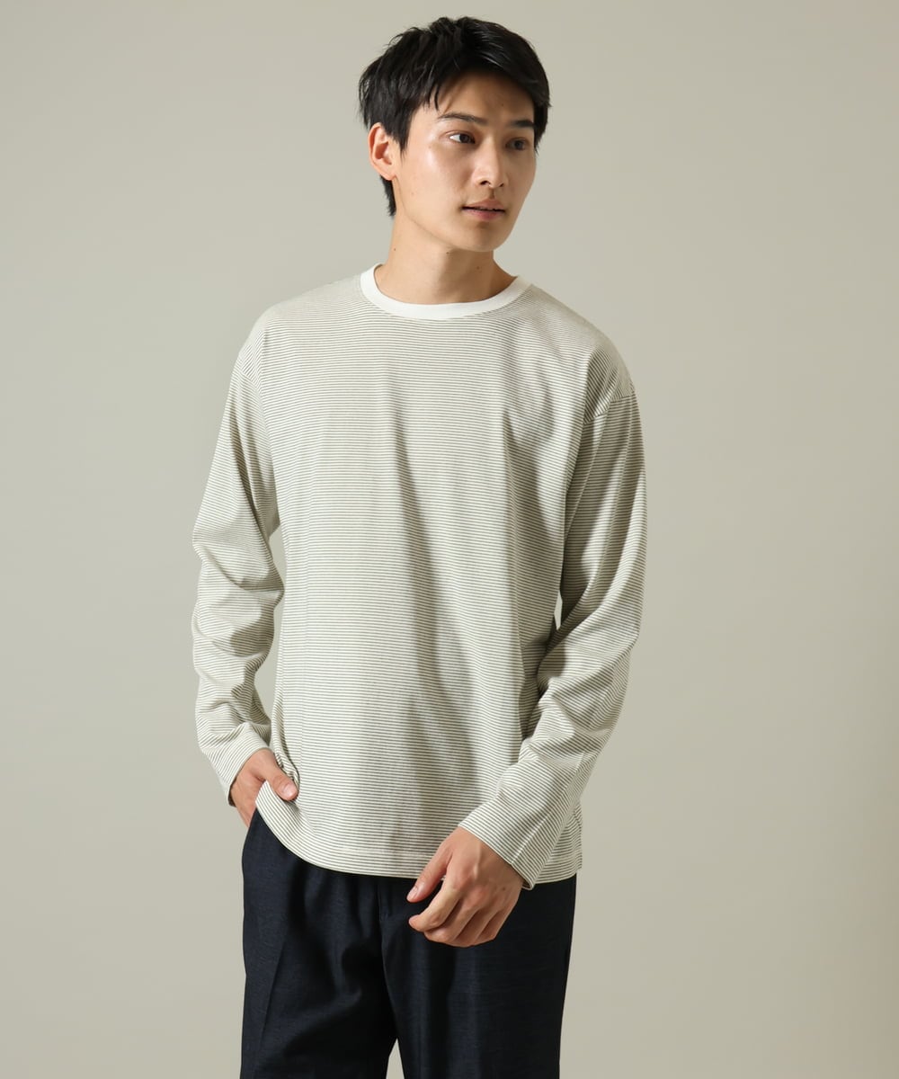 KHKJV38034 a.v.v MEN(アー・ヴェ・ヴェ) 【万能インナー】細ボーダーセミワイドシルエットロングTシャツ ダークグレー