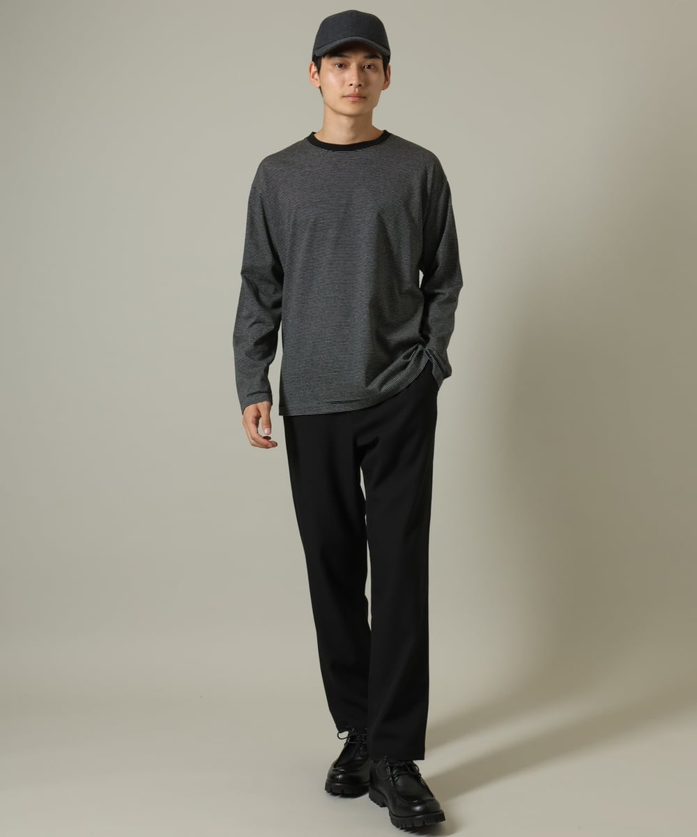 KHKJV38034 a.v.v MEN(アー・ヴェ・ヴェ) 【万能インナー】細ボーダーセミワイドシルエットロングTシャツ ダークグレー
