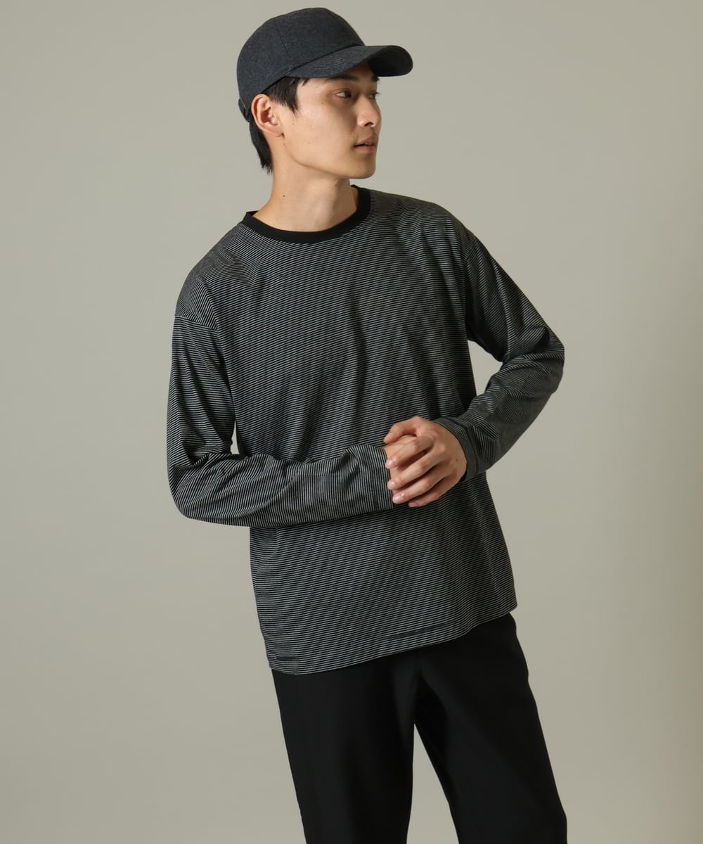 KHKJV38034 a.v.v MEN(アー・ヴェ・ヴェ) 【万能インナー】細ボーダーセミワイドシルエットロングTシャツ ダークグレー