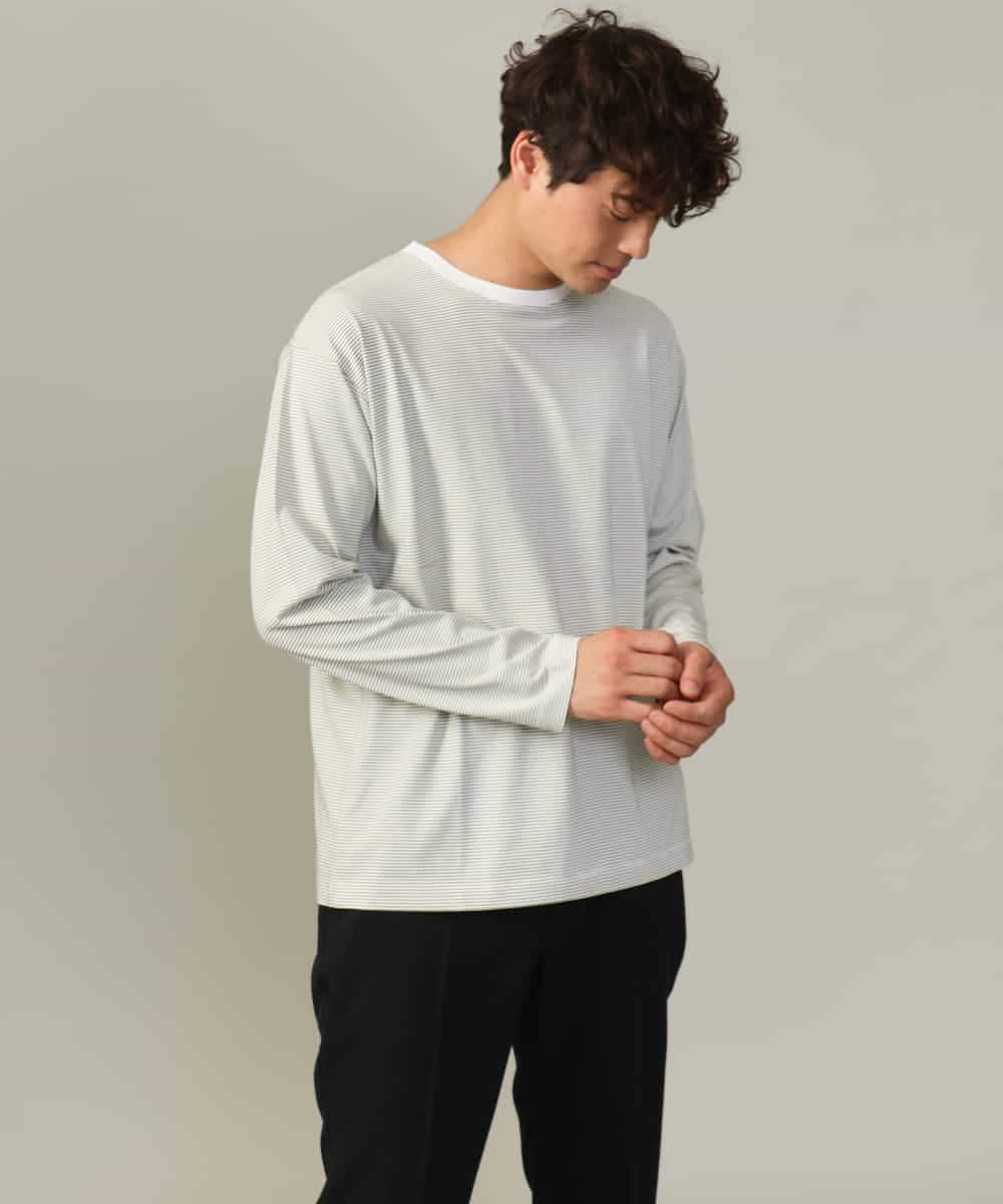 KHKJV38034 a.v.v MEN(アー・ヴェ・ヴェ) 【万能インナー】細ボーダーセミワイドシルエットロングTシャツ ダークグレー