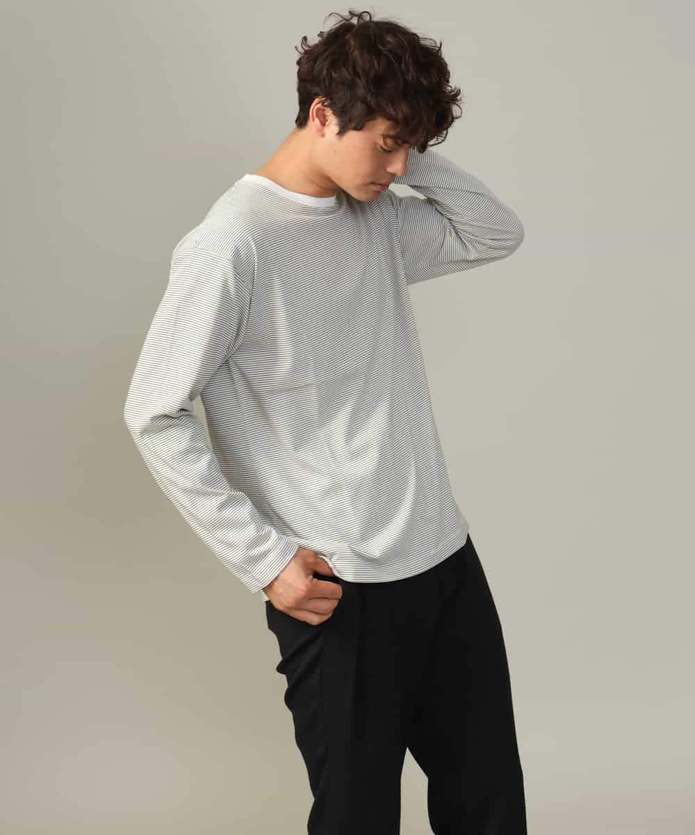 KHKJV38034 a.v.v MEN(アー・ヴェ・ヴェ) 【万能インナー】細ボーダーセミワイドシルエットロングTシャツ ダークグレー