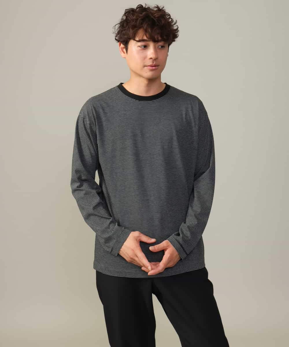 KHKJV38034 a.v.v MEN(アー・ヴェ・ヴェ) 【万能インナー】細ボーダーセミワイドシルエットロングTシャツ ダークグレー