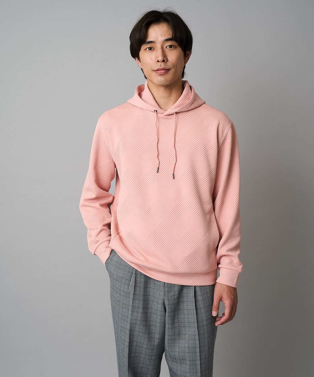 KHKKA01059 a.v.v MEN(アー・ヴェ・ヴェ) 【イージーケア/毛玉になりにくい】幾何ジャカードプルオーバーパーカー【ストレッチ/洗濯機で洗える】 ピンク