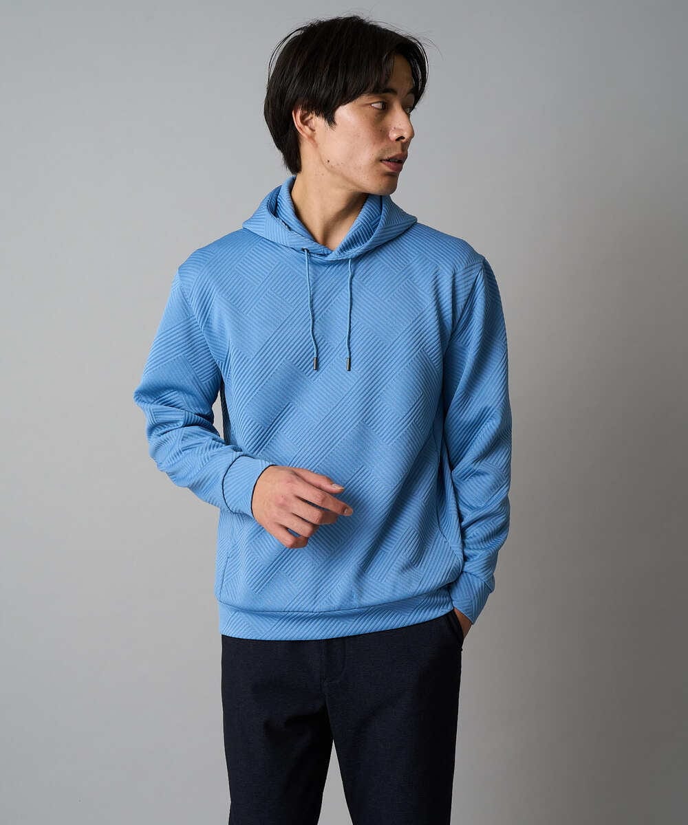 KHKKA01059 a.v.v MEN(アー・ヴェ・ヴェ) 【イージーケア/毛玉になりにくい】幾何ジャカードプルオーバーパーカー【ストレッチ/洗濯機で洗える】 ライトブルー