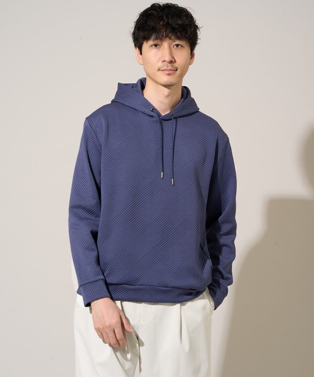 KHKKA01059 a.v.v MEN(アー・ヴェ・ヴェ) 【イージーケア/毛玉になりにくい】幾何ジャカードプルオーバーパーカー【ストレッチ/洗濯機で洗える】 ダークブルー