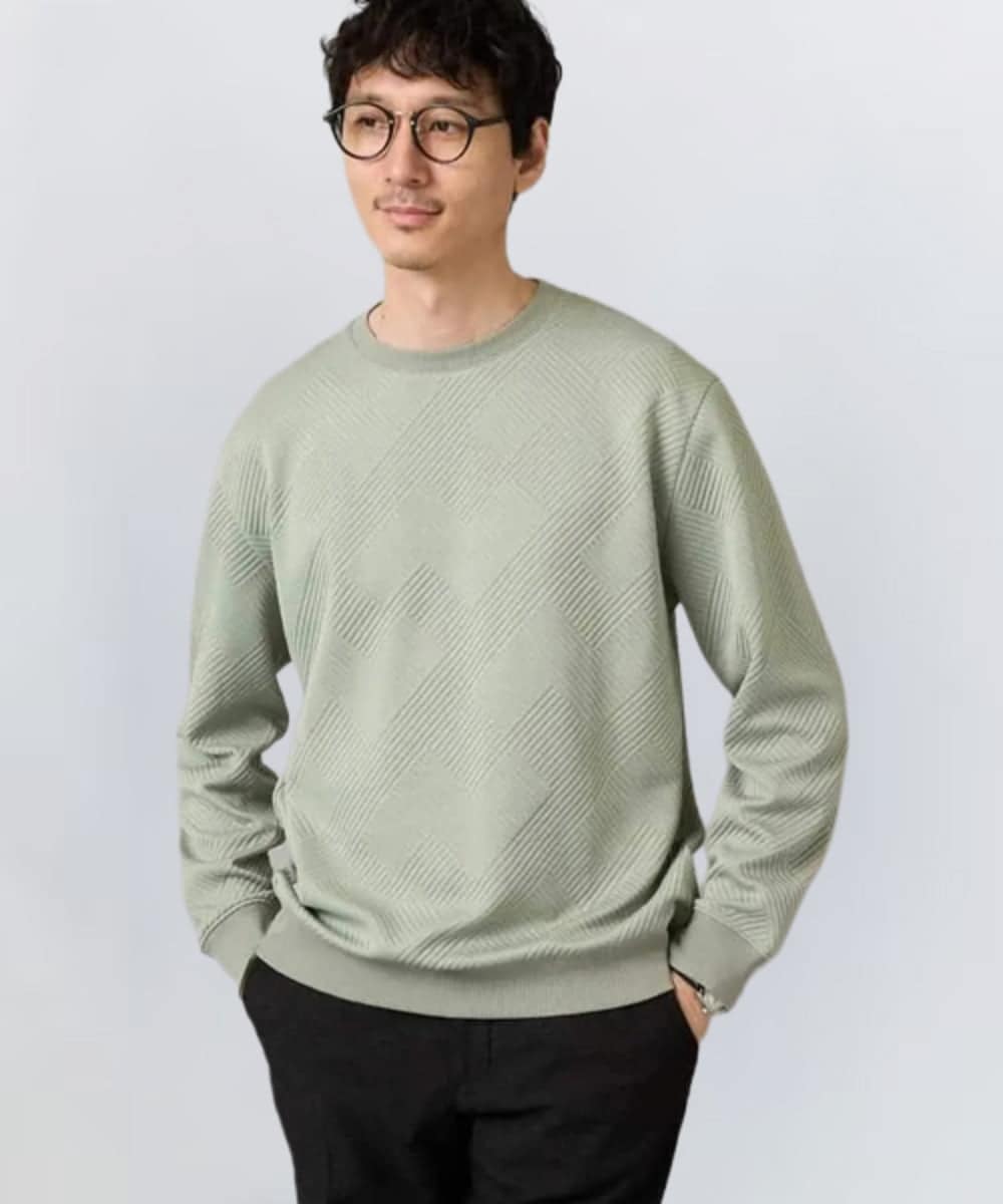 KHKLA20049 a.v.v MEN(アー・ヴェ・ヴェ) 幾何ジャカードセミワイドシルエットプルオーバー【毛玉になりにくい/洗濯機で洗える】 グリーン