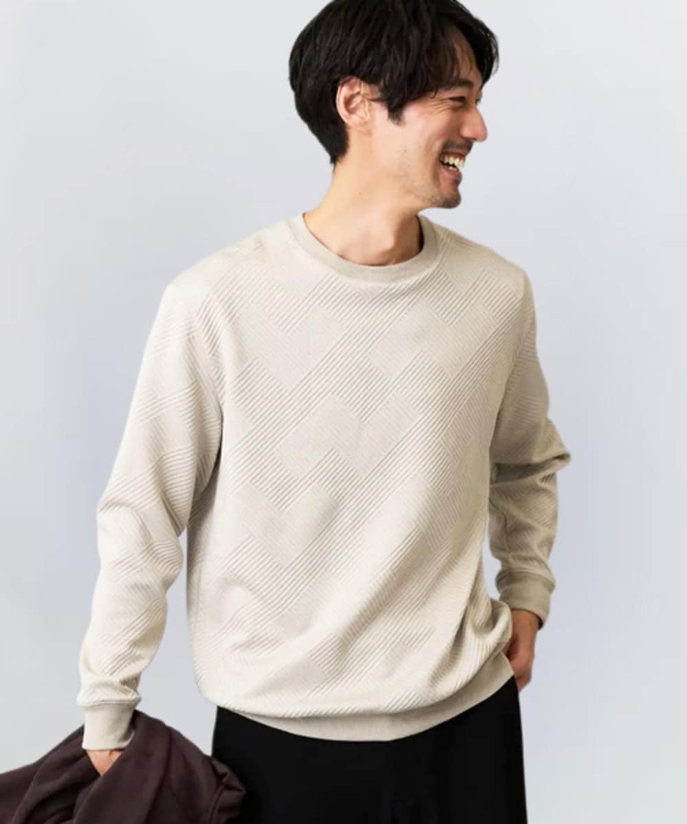 KHKLA20049 a.v.v MEN(アー・ヴェ・ヴェ) 幾何ジャカードセミワイドシルエットプルオーバー【毛玉になりにくい/洗濯機で洗える】 ライトグレージュ