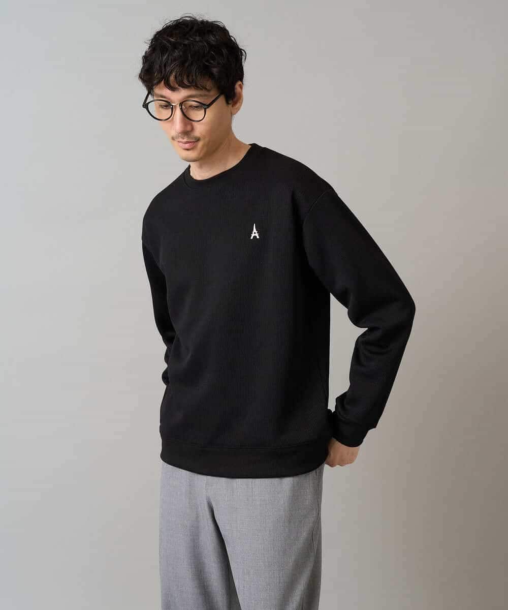 KHKLA44044 a.v.v MEN(アー・ヴェ・ヴェ) 【イージーケア/毛玉になりにくい】アゼダブルフェイスワンポイント刺繍プルオーバー ブラック