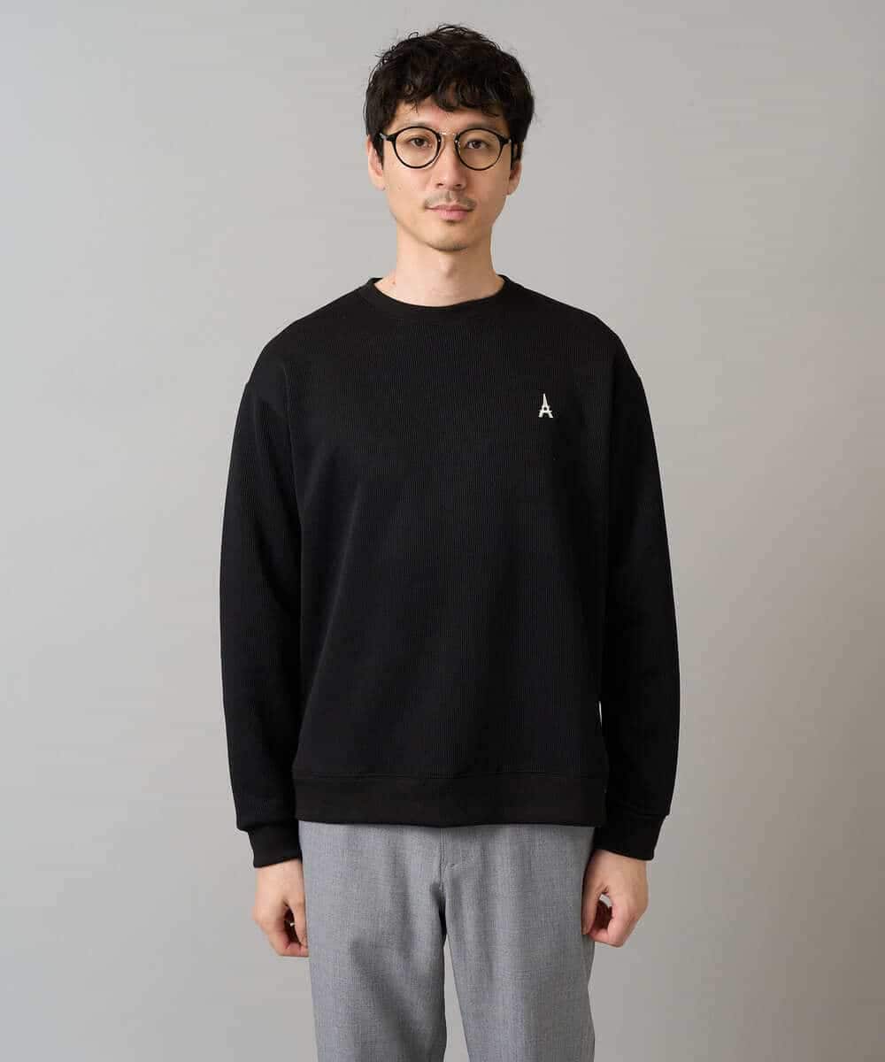 KHKLA44044 a.v.v MEN(アー・ヴェ・ヴェ) 【イージーケア/毛玉になりにくい】アゼダブルフェイスワンポイント刺繍プルオーバー ブラック