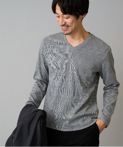 KHKLA76044 a.v.v MEN 【イージーケア/洗濯機で洗える】グレンチェックジャカードVネックTシャツ 通勤/ビジネス/ジャケット〈ON/OFF SERIES〉