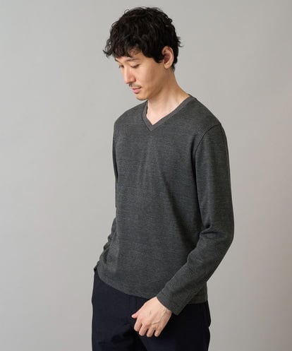 KHKLA76044 a.v.v MEN 【イージーケア/洗濯機で洗える】グレンチェックジャカードＶネックスマートＴシャツ　通勤/ビジネス/ジャケット