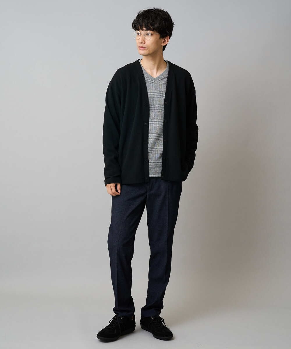 KHKLA76044 a.v.v MEN(アー・ヴェ・ヴェ) 【イージーケア/洗濯機で洗える】グレンチェックジャカードＶネックＴシャツ　通勤/ビジネス/ジャケット〈ON/OFF SERIES〉 ブラック