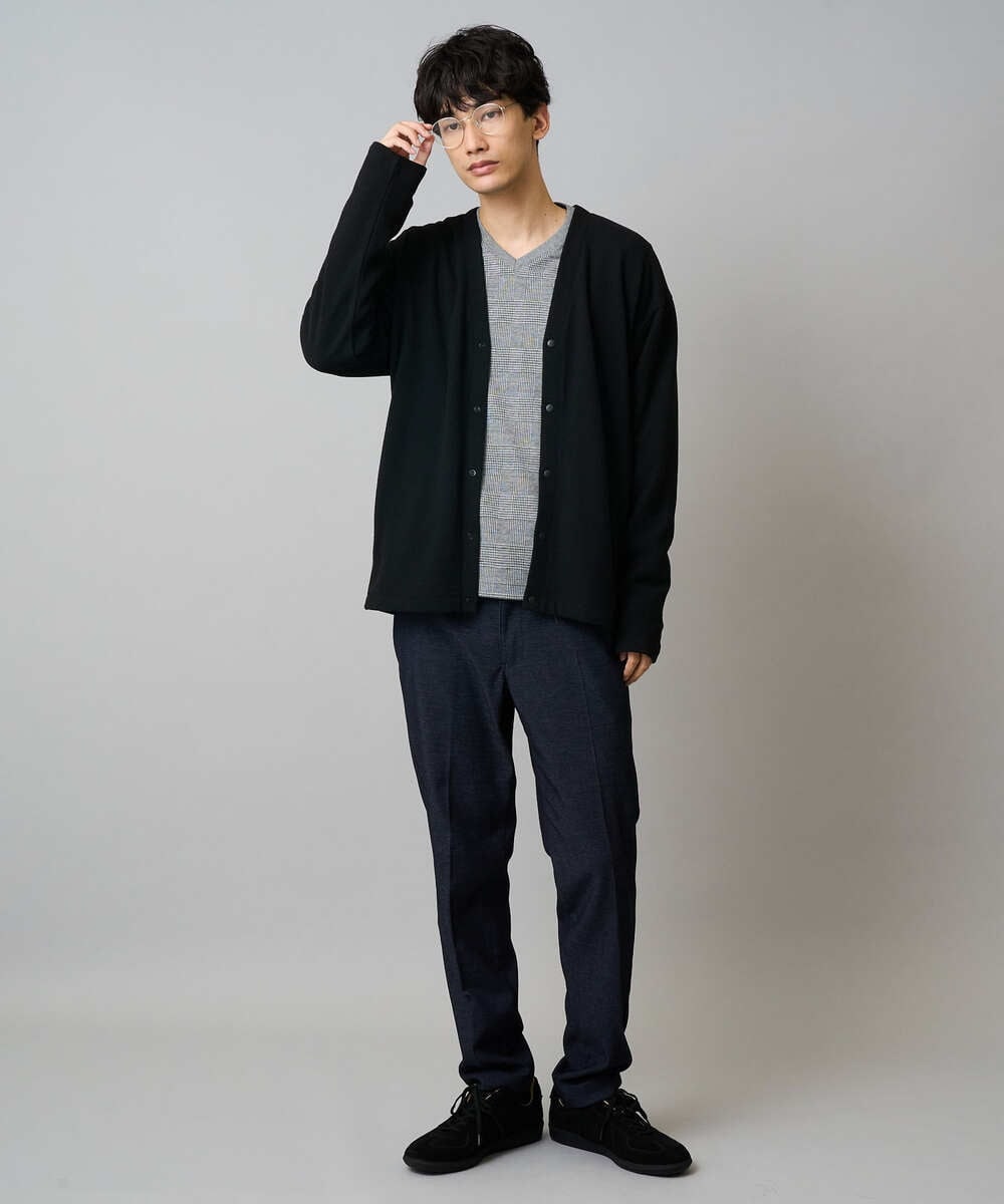 KHKLA76044 a.v.v MEN(アー・ヴェ・ヴェ) 【イージーケア/洗濯機で洗える】グレンチェックジャカードＶネックＴシャツ　通勤/ビジネス/ジャケット〈ON/OFF SERIES〉 ブラック
