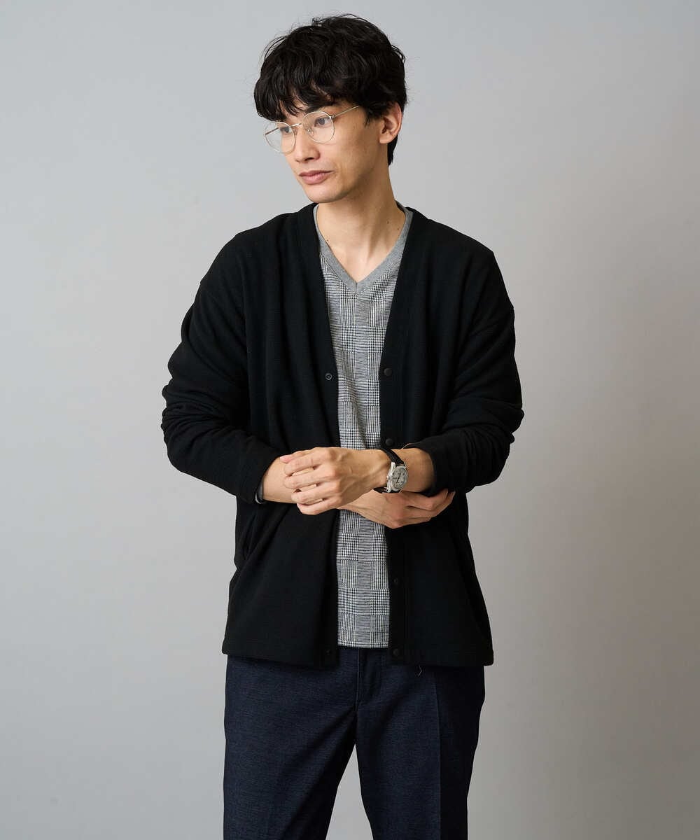 KHKLA76044 a.v.v MEN(アー・ヴェ・ヴェ) 【イージーケア/洗濯機で洗える】グレンチェックジャカードＶネックＴシャツ　通勤/ビジネス/ジャケット〈ON/OFF SERIES〉 ブラック