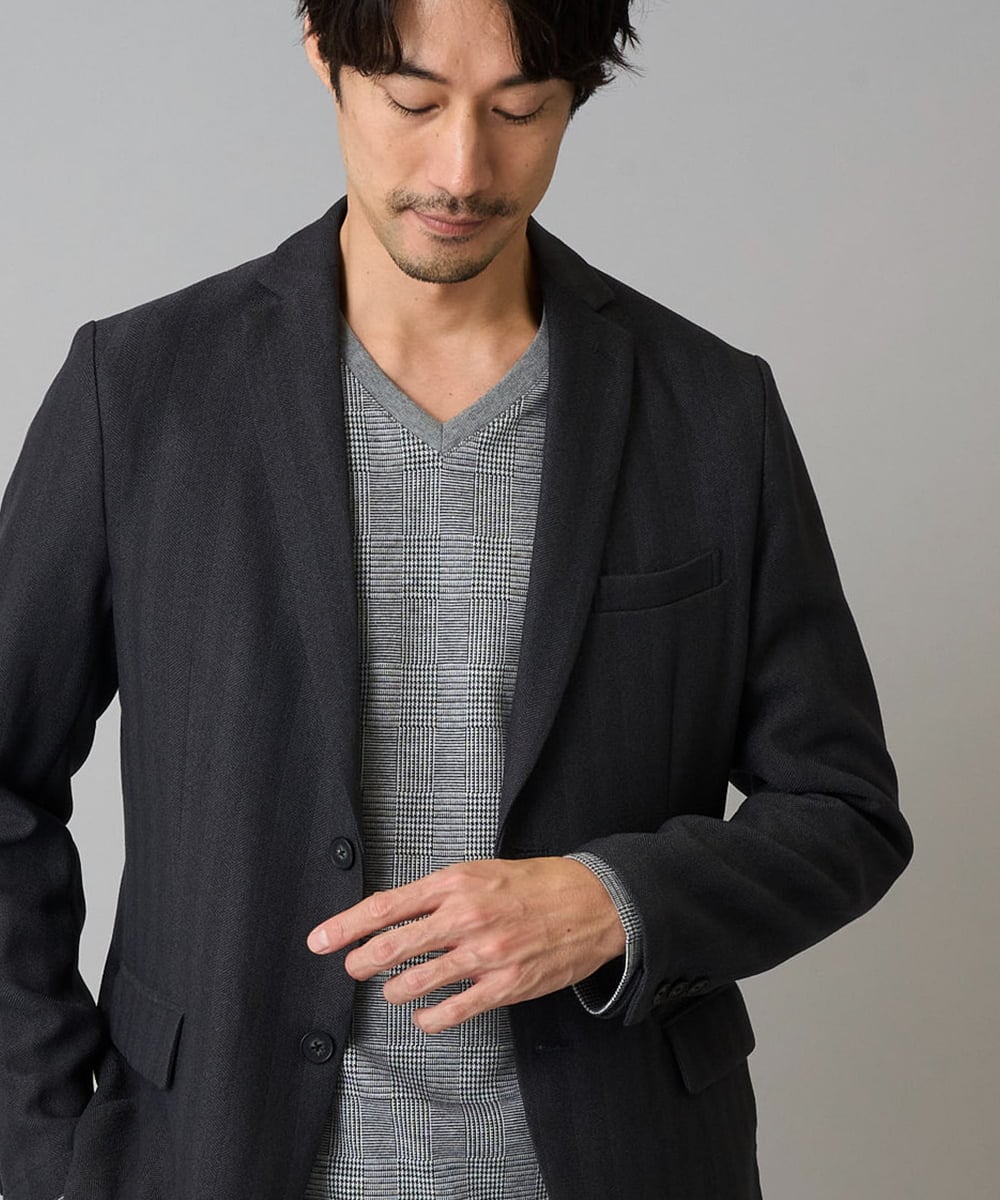 KHKLA76044 a.v.v MEN(アー・ヴェ・ヴェ) 【イージーケア/洗濯機で洗える】グレンチェックジャカードＶネックＴシャツ　通勤/ビジネス/ジャケット〈ON/OFF SERIES〉 ブラック