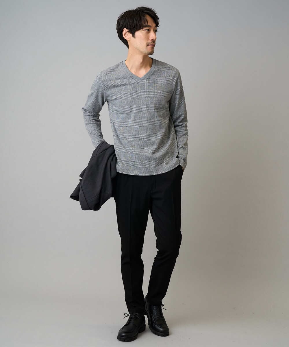 KHKLA76044 a.v.v MEN(アー・ヴェ・ヴェ) 【イージーケア/洗濯機で洗える】グレンチェックジャカードＶネックＴシャツ　通勤/ビジネス/ジャケット〈ON/OFF SERIES〉 ブラック