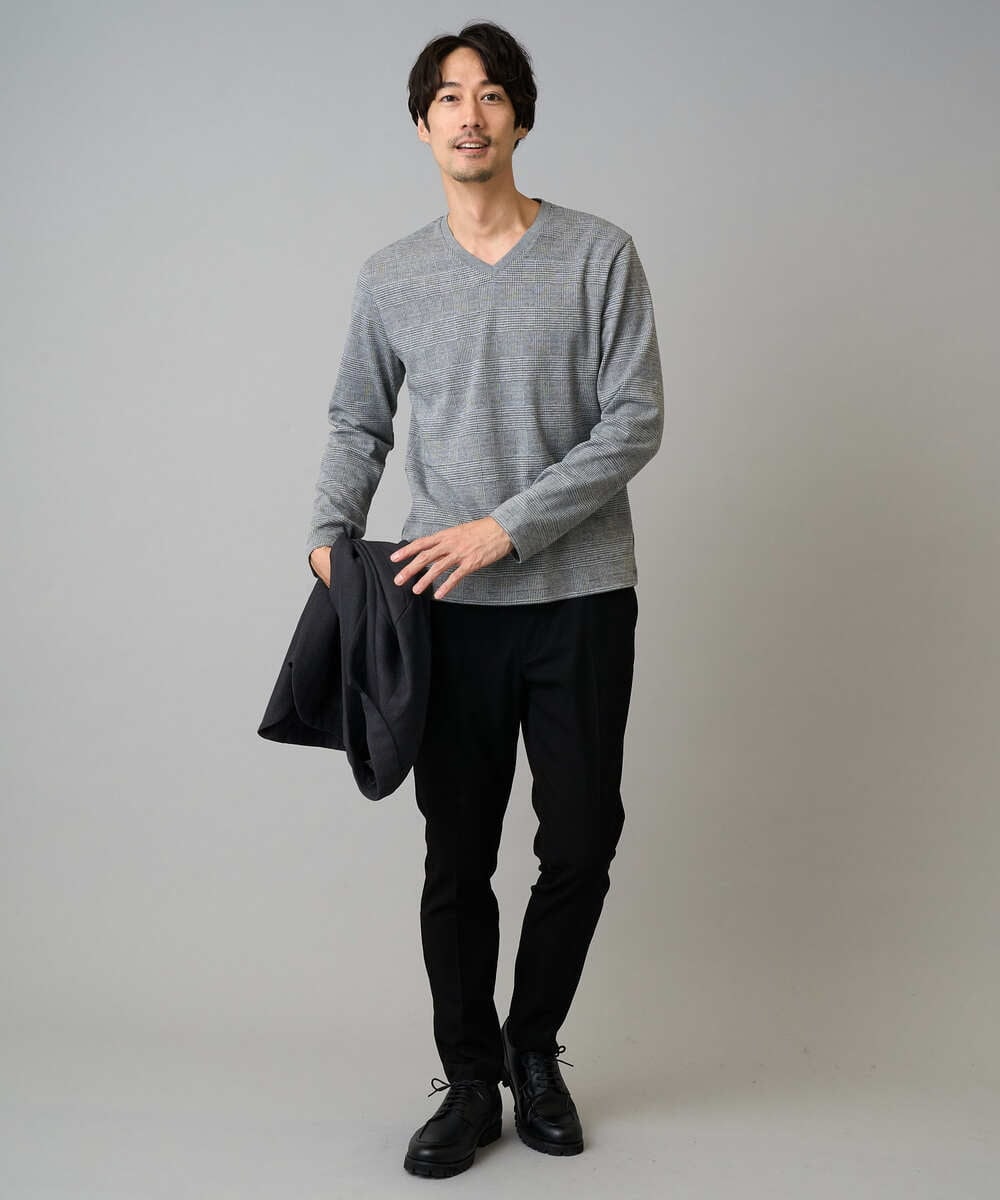 KHKLA76044 a.v.v MEN(アー・ヴェ・ヴェ) 【イージーケア/洗濯機で洗える】グレンチェックジャカードＶネックＴシャツ　通勤/ビジネス/ジャケット〈ON/OFF SERIES〉 ブラック