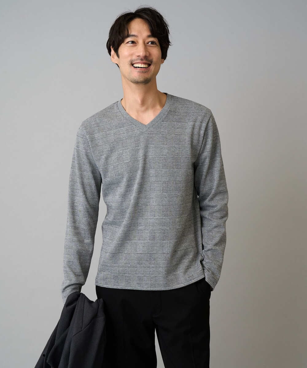 KHKLA76044 a.v.v MEN(アー・ヴェ・ヴェ) 【イージーケア/洗濯機で洗える】グレンチェックジャカードＶネックＴシャツ　通勤/ビジネス/ジャケット〈ON/OFF SERIES〉 ブラック