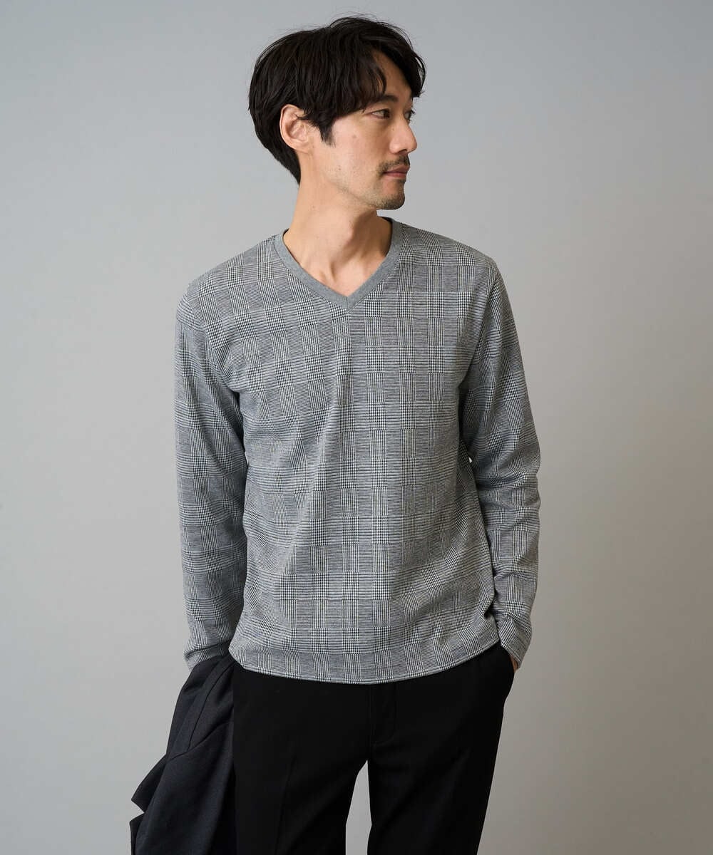 KHKLA76044 a.v.v MEN(アー・ヴェ・ヴェ) 【イージーケア/洗濯機で洗える】グレンチェックジャカードＶネックＴシャツ　通勤/ビジネス/ジャケット〈ON/OFF SERIES〉 ブラック