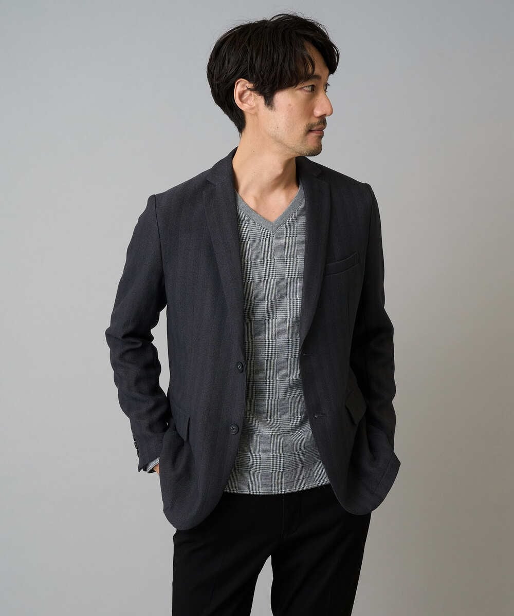 KHKLA76044 a.v.v MEN(アー・ヴェ・ヴェ) 【イージーケア/洗濯機で洗える】グレンチェックジャカードＶネックＴシャツ　通勤/ビジネス/ジャケット〈ON/OFF SERIES〉 ブラック
