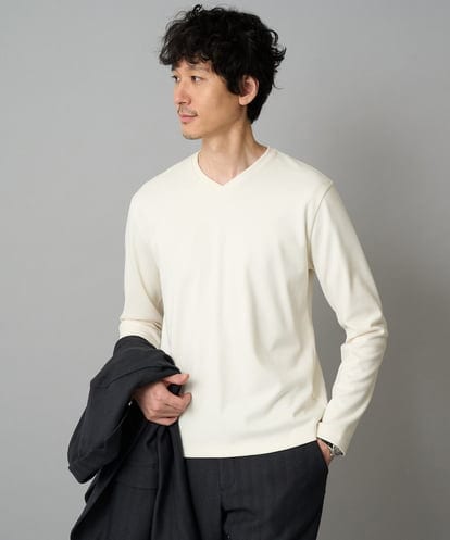 KHKLA77044 a.v.v MEN 【イージーケア/洗濯機で洗える】アゼダブルフェイスVネックスマートＴシャツ　通勤/ビジネス/ジャケット