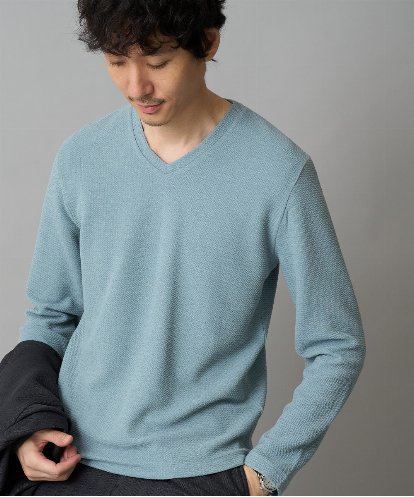 KHKLA78044 a.v.v MEN 【イージーケア/洗濯機で洗える】千鳥ジャカードVネックTシャツ 通勤/ビジネス/ジャケット〈ON/OFF SERIES〉