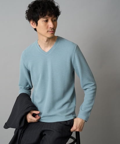 KHKLA78044 a.v.v MEN 【イージーケア/洗濯機で洗える】千鳥ジャカードVネックスマートTシャツ　通勤/ビジネス/ジャケット